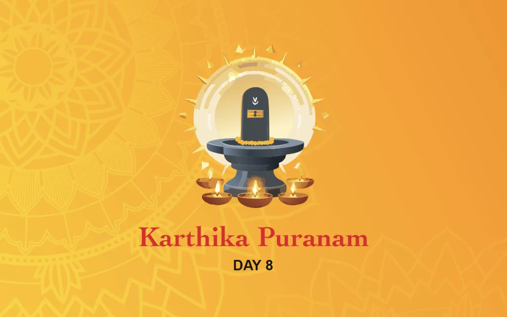 Shiva Lingam decorated with glowing diyas for Karthika Puranam Day 8 — Hindu festival image symbolizing devotion to Lord Shiva during the sacred month of Karthika.